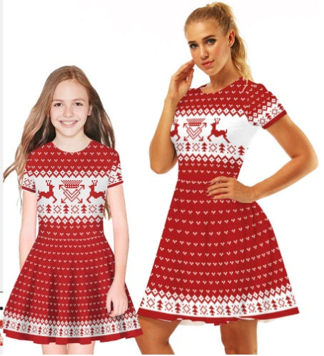 Christmas Elk Digital Print Parent-child Suit Short-sleeved Dress