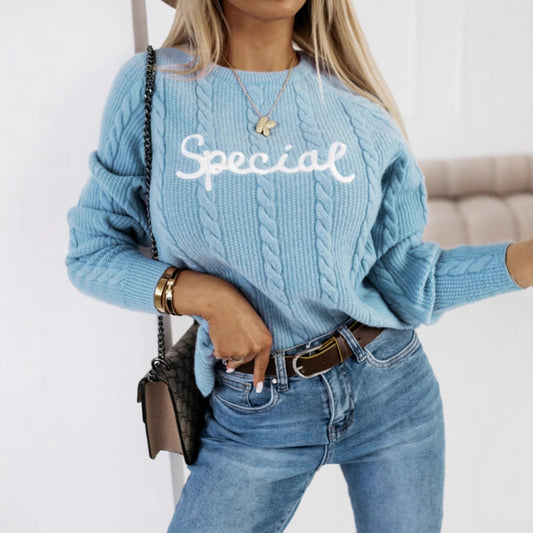 Leisure Pullover Letters Embroidered Crew Neck Knitwear