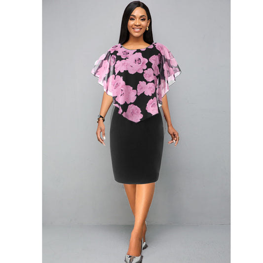 European And American Flower Print Chiffon Shawl Slim Sexy Commuter Professional Dress Women's Spot