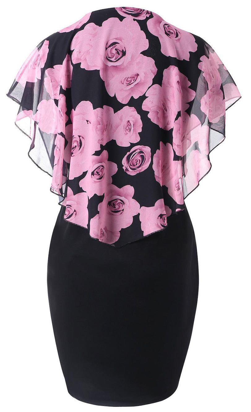 European And American Flower Print Chiffon Shawl Slim Sexy Commuter Professional Dress Women's Spot