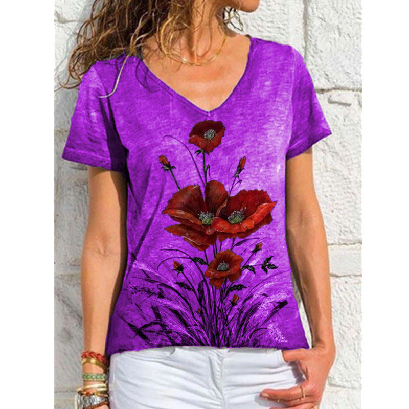 Fashion Ladies Simple V-neck Printed Short Sleeve