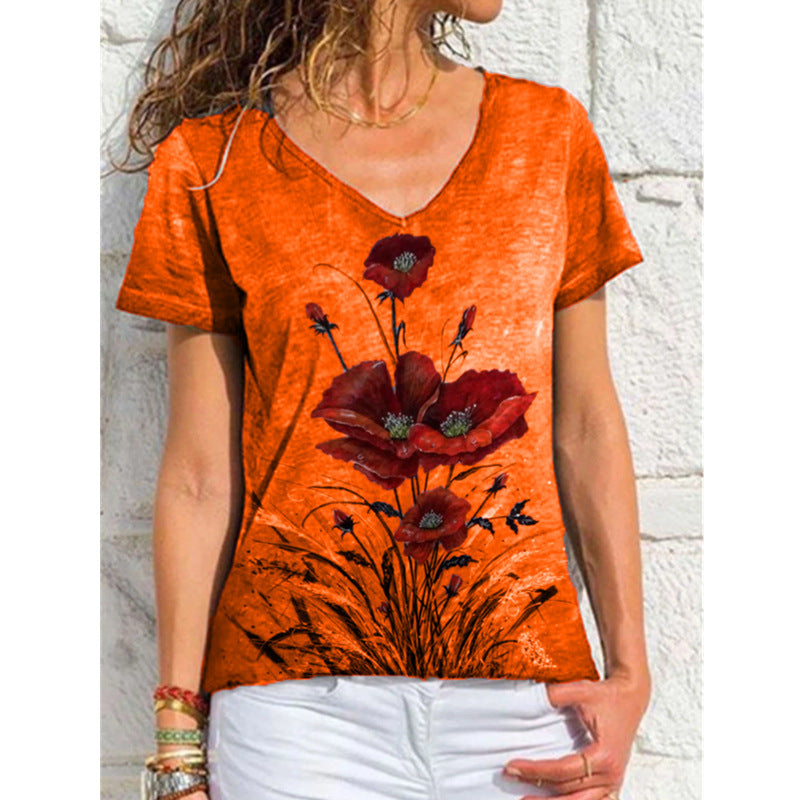 Fashion Ladies Simple V-neck Printed Short Sleeve