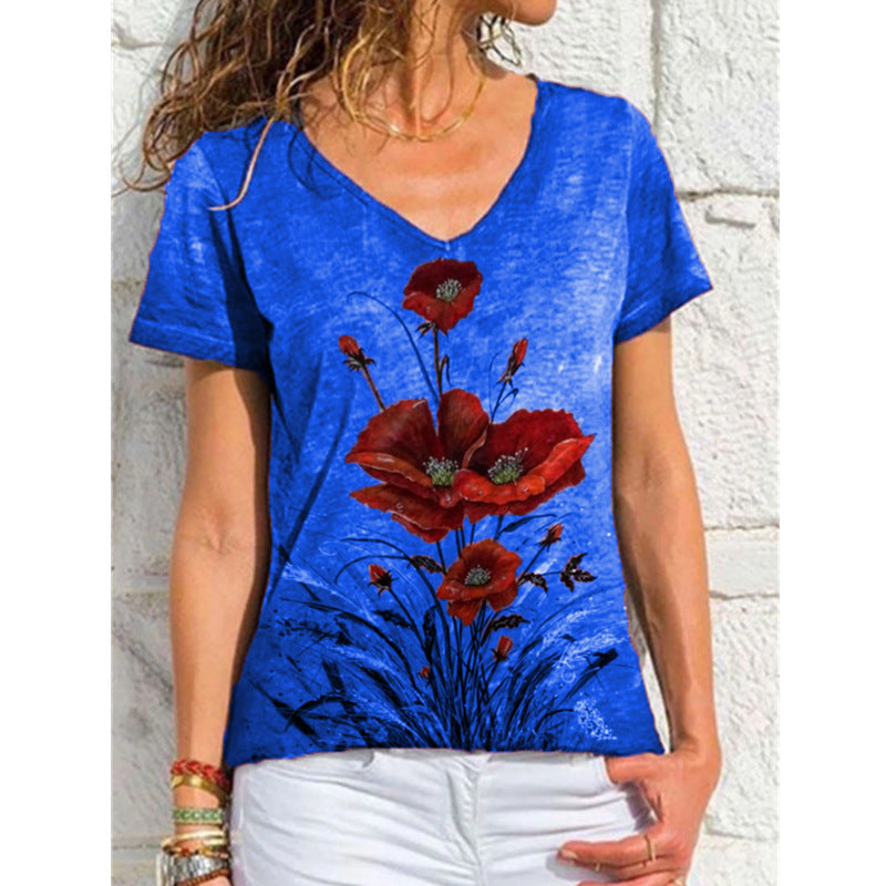 Fashion Ladies Simple V-neck Printed Short Sleeve