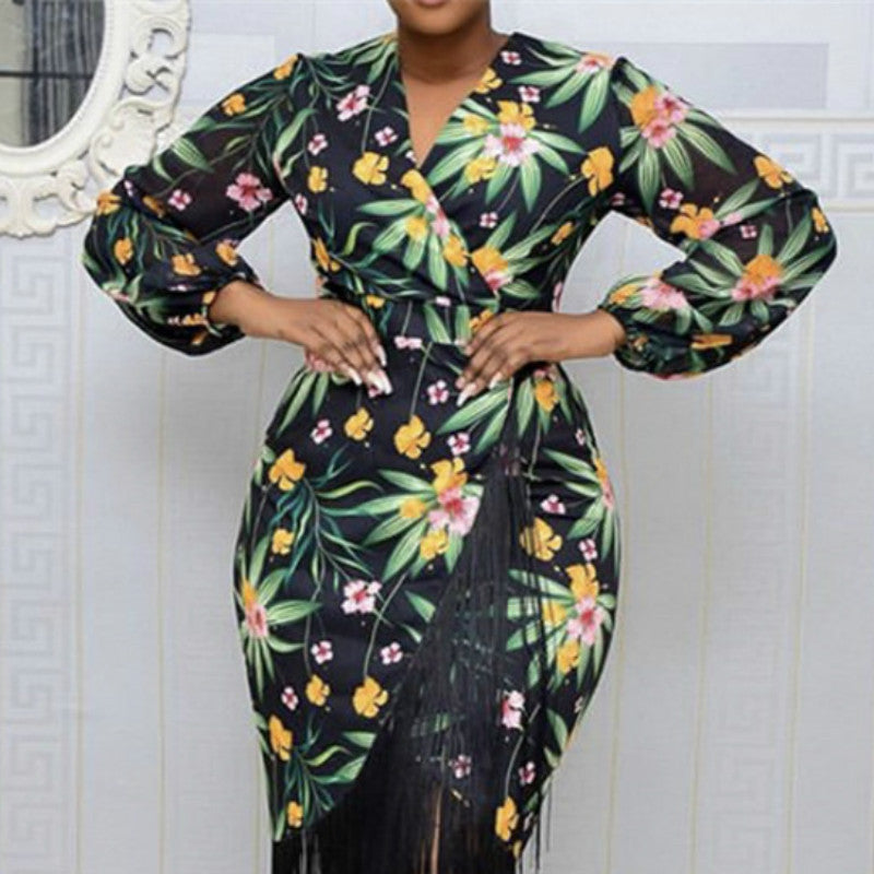 Puff sleeve printed fringed dress