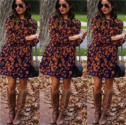 Loose casual wear round neck long sleeve printed dress