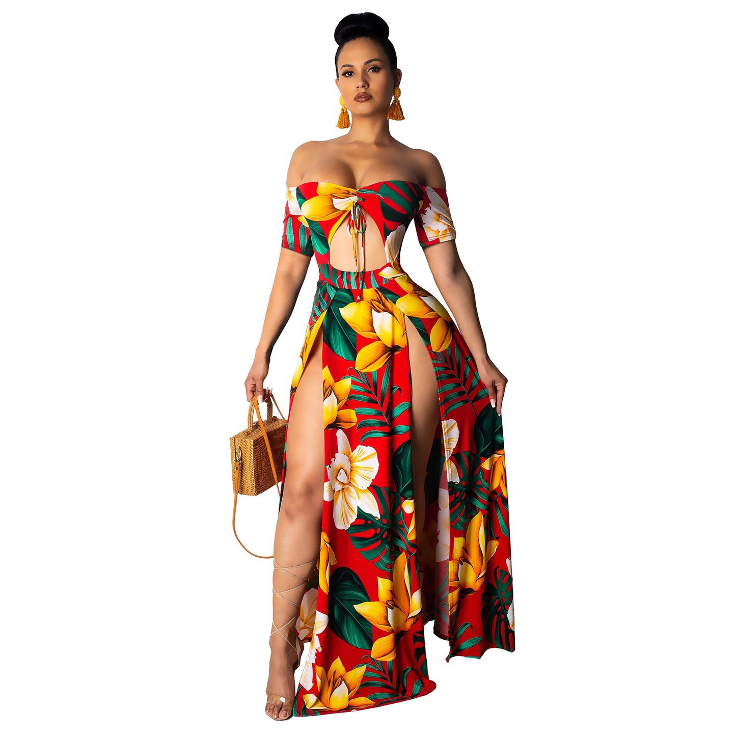 Printed tube top slit dress