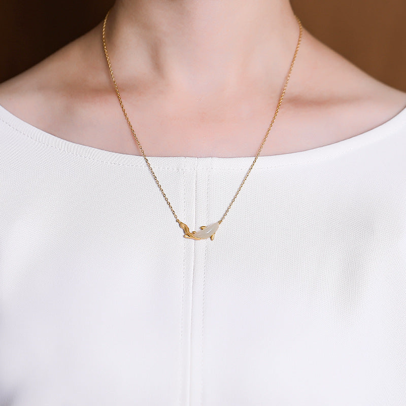 Sterling Silver Gold Plated White Jade Personality Dolphin Cute And Graceful Ladies' Pendant Silver Chain