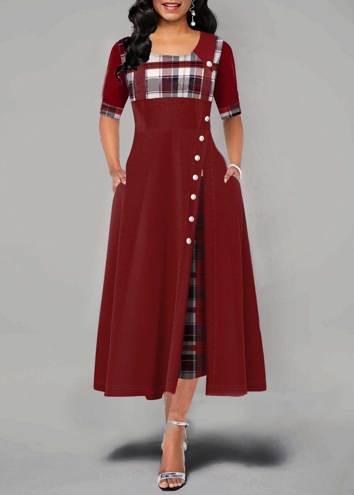Women's Round Neck Contrast Mid Sleeve Irregular Long Dress