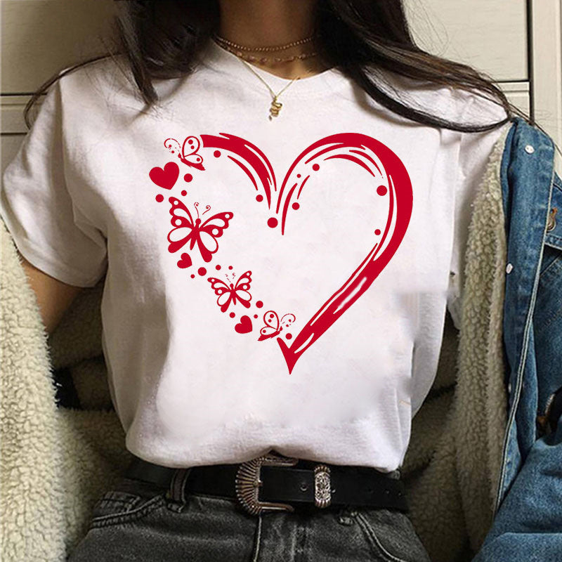 Printed White Ladies Casual Loose Personality Short Sleeves