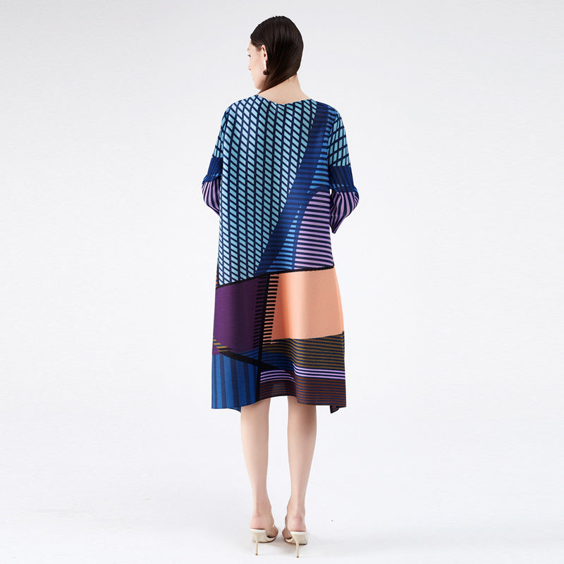 Pleated geometric digital print dress