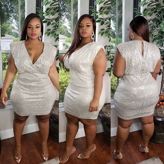 Party Pure Color Sequins V-neck Bag Hip Skirt