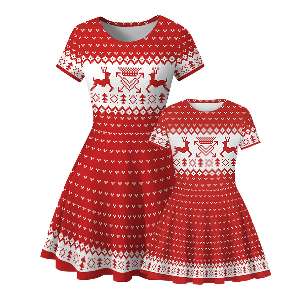 Christmas Elk Digital Print Parent-child Suit Short-sleeved Dress