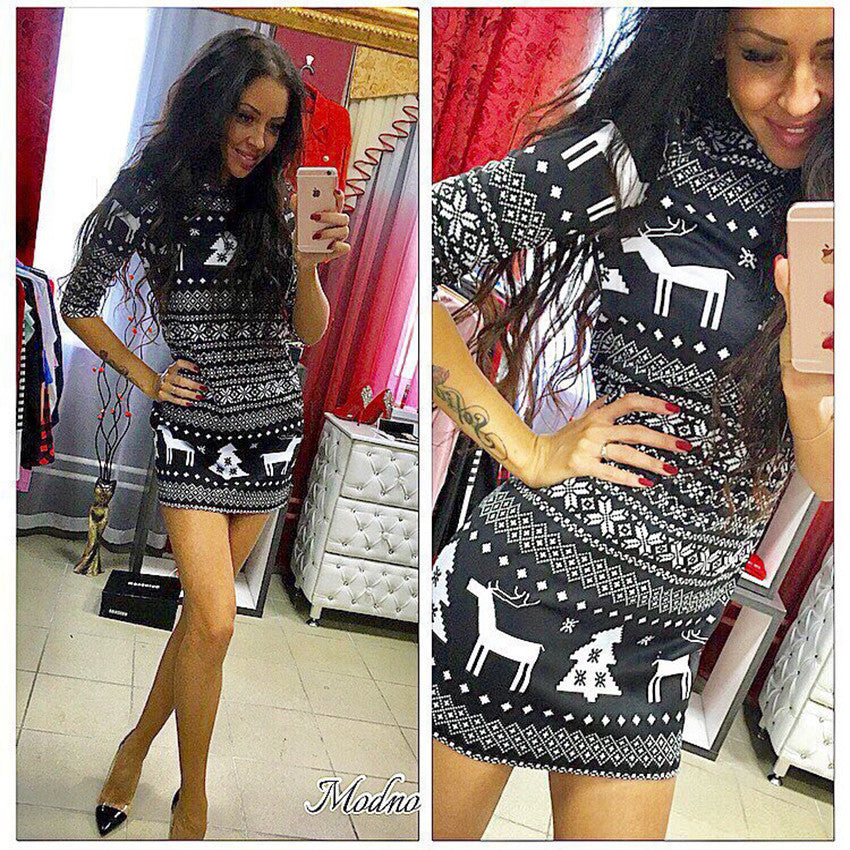 Slim-fit sleeved deer print dress