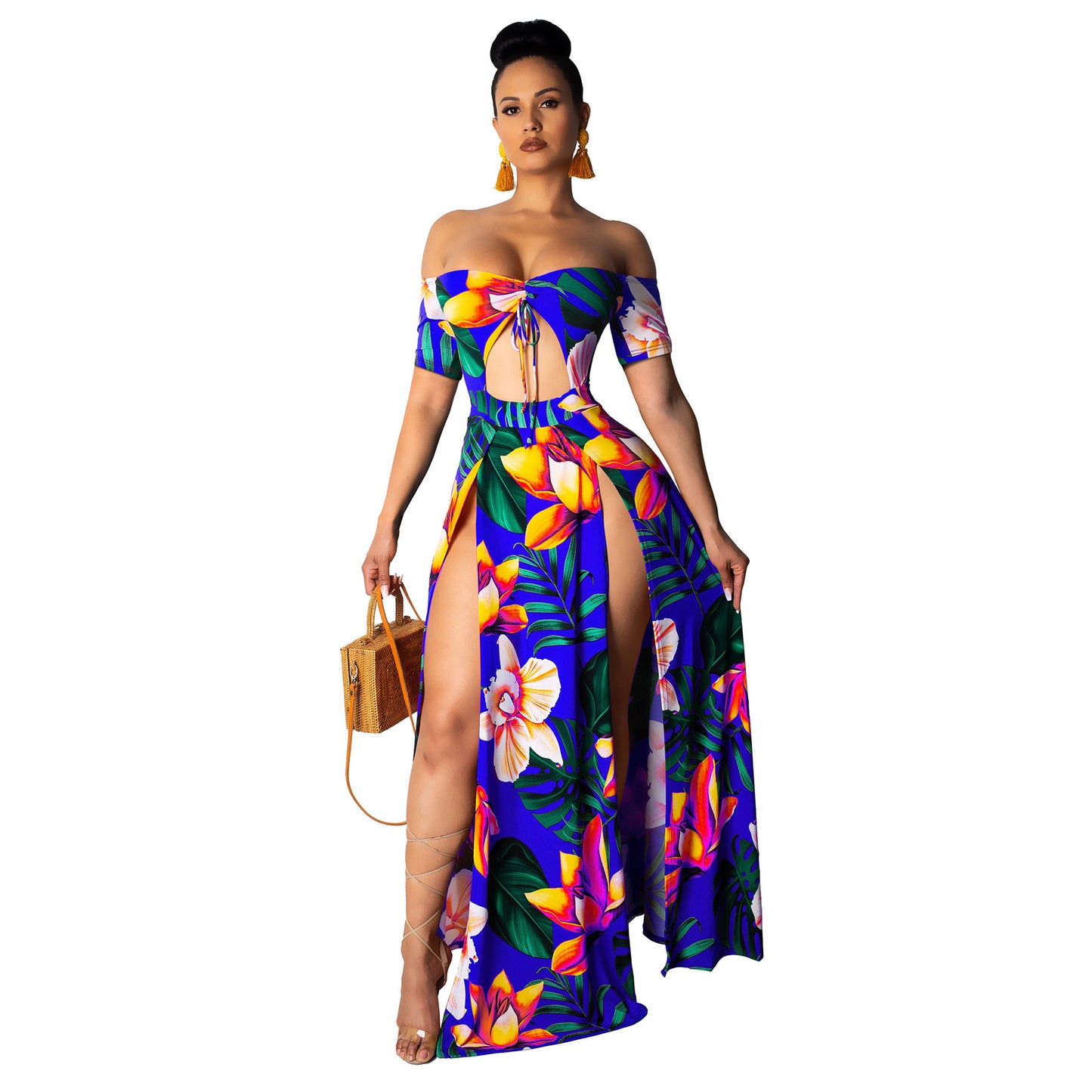 Printed tube top slit dress