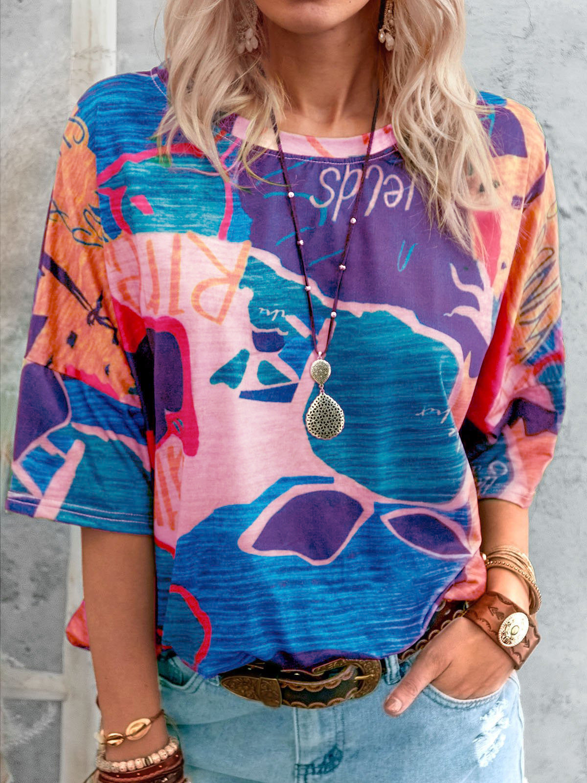 Fashion Ladies Round Neck Map Print T-shirt