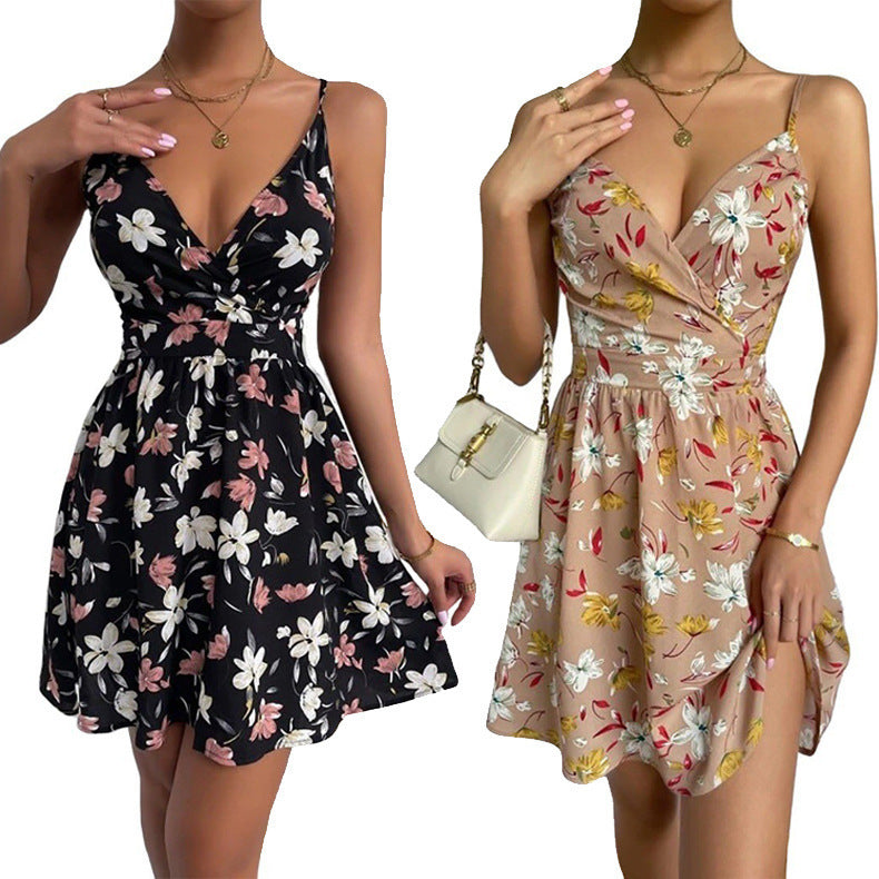 European And American Women's Elegant Suspender Skirt V-neck Pullover Sleeveless Print Dress