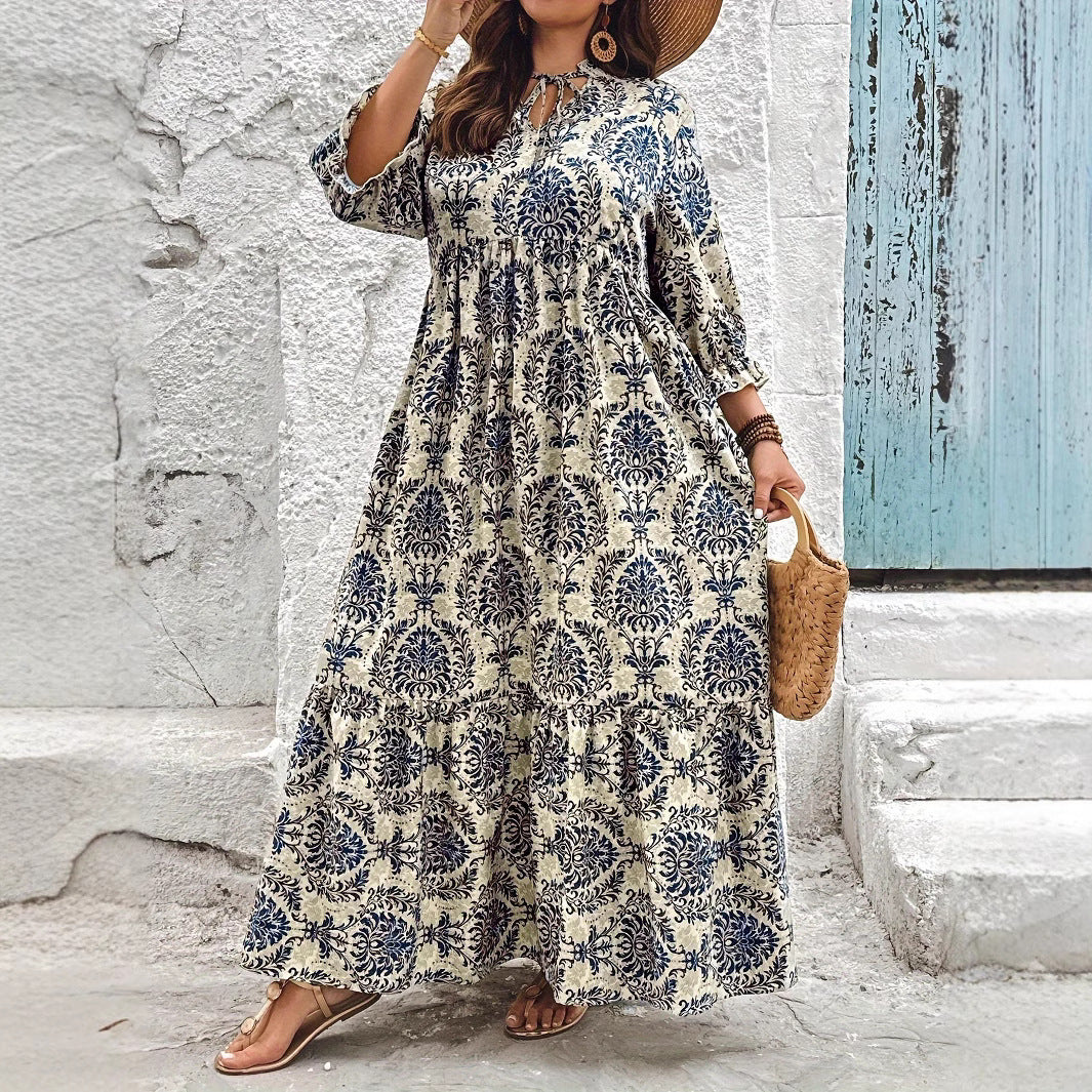 Printed V-neck Lace-up Swing Vacation Style Dress