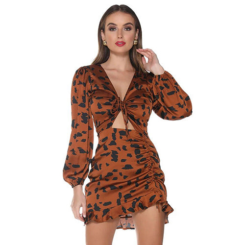 Leopard-print drawstring pleated dress