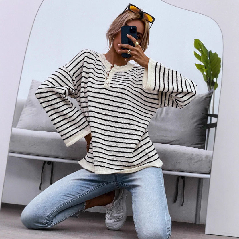 Women's Loose Casual Striped Contrast Color Loose Long Sleeve Top