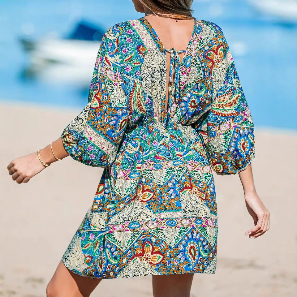 Printed Lace Up V-neck Short Dress Women