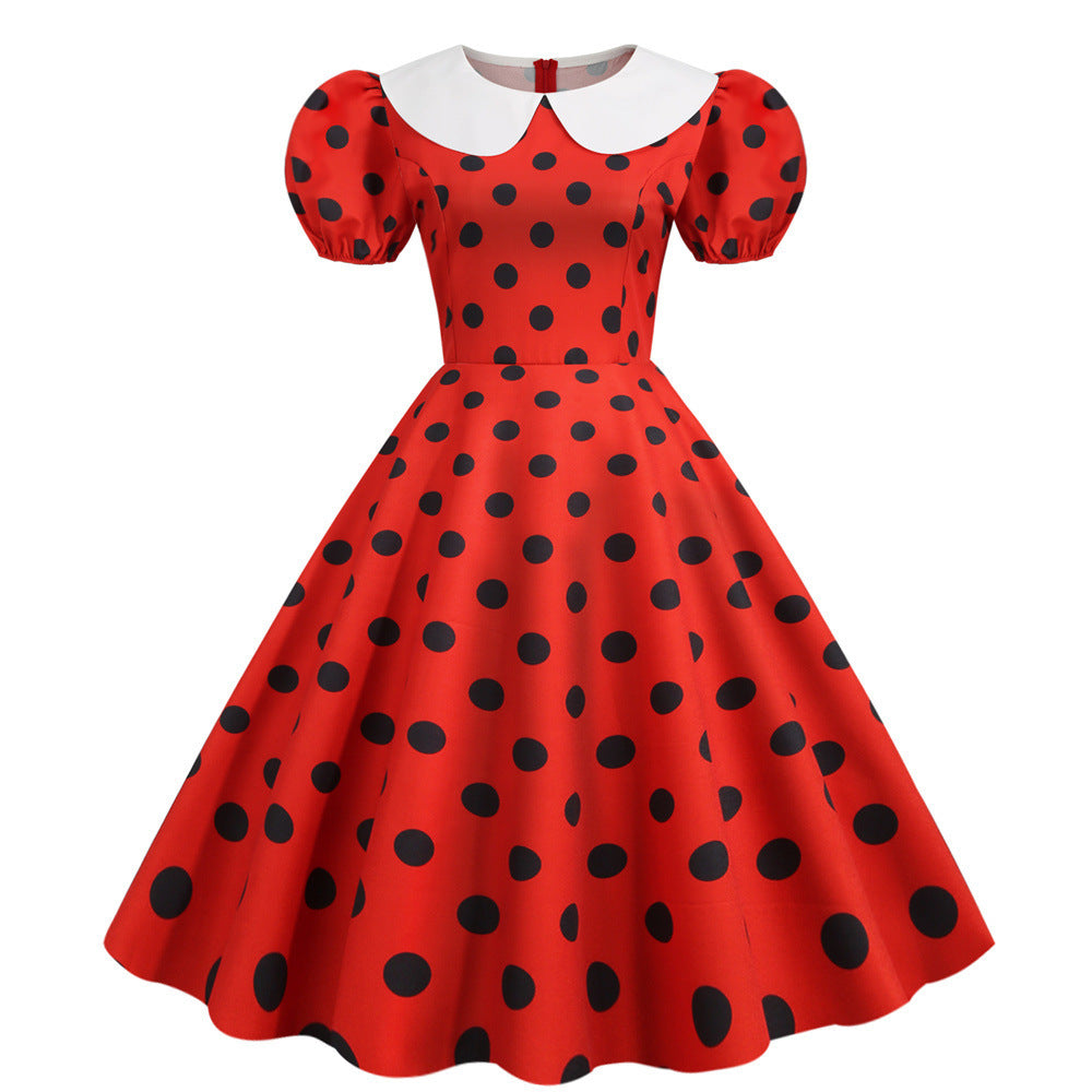 New Polka Dot Short Sleeve Doll Neck Fashionable Printed Party Dress