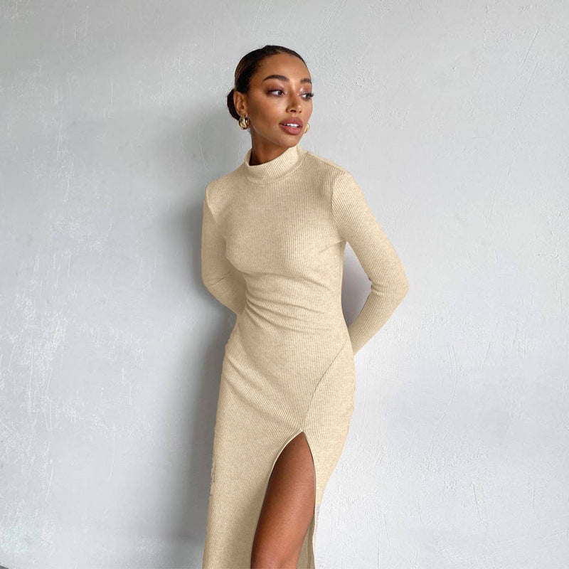 New High Waist Temperament Solid Color Stand Collar Long Sleeve All-match Dress For Women