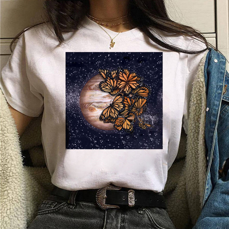 Printed White Ladies Casual Loose Personality Short Sleeves