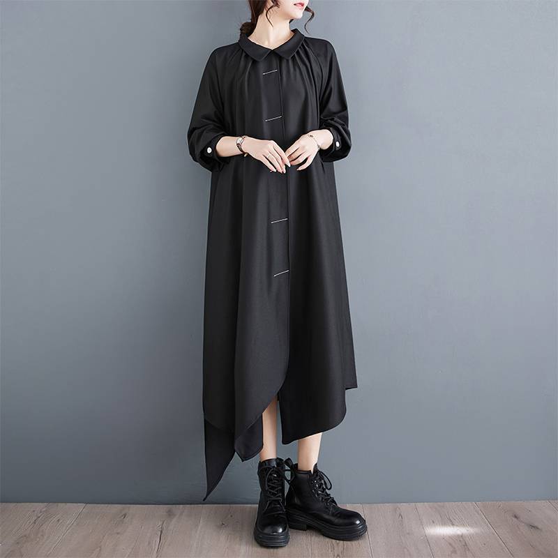 Korean Style Dark Black Bright Line Fashion Back Buttoned Dress