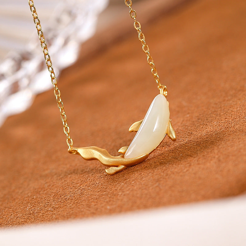 Sterling Silver Gold Plated White Jade Personality Dolphin Cute And Graceful Ladies' Pendant Silver Chain