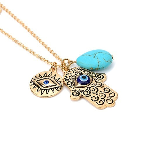 Bohemian Double Layer Rice Beads Turquoise Fatima Palm Necklace Sweater Chain