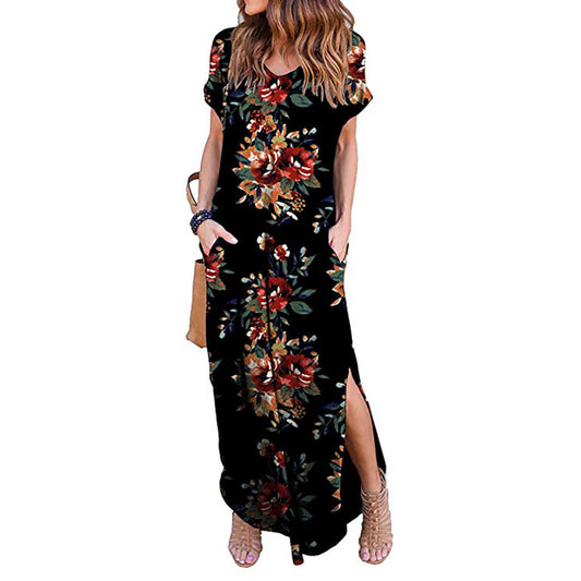Spring Amazon Explosive Printed Ladies Hedging V-neck Knit Casual Long Dress