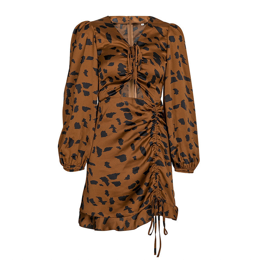 Leopard-print drawstring pleated dress