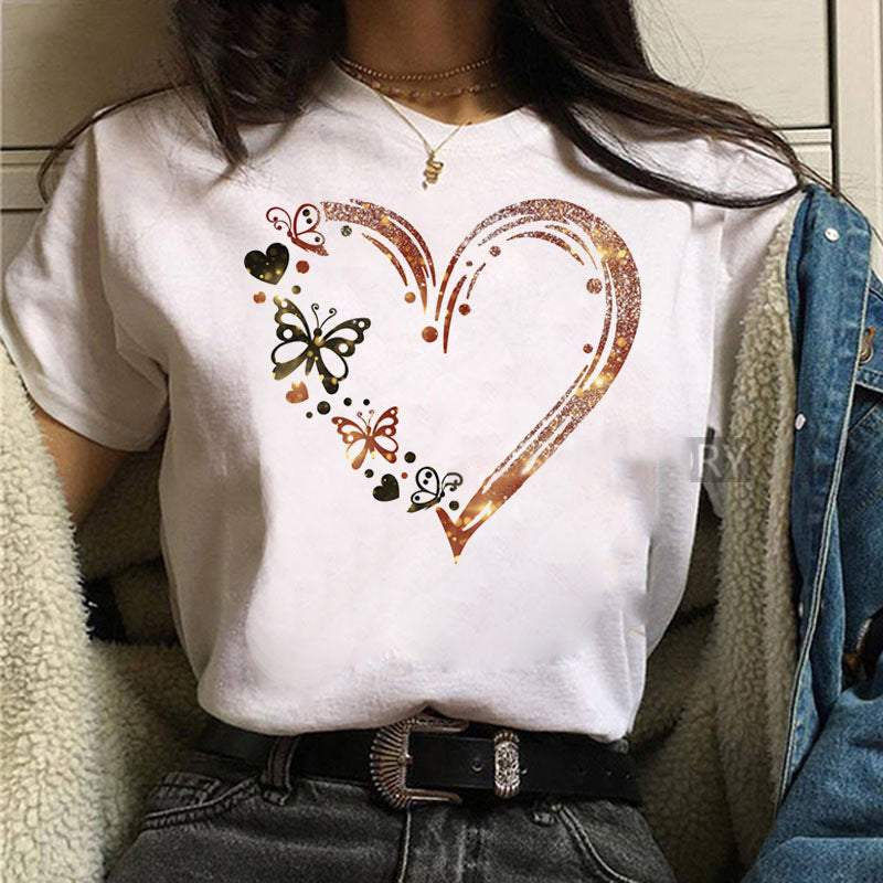 Printed White Ladies Casual Loose Personality Short Sleeves
