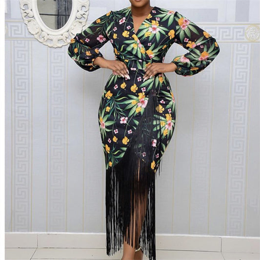 Puff sleeve printed fringed dress