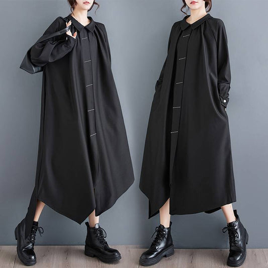 Korean Style Dark Black Bright Line Fashion Back Buttoned Dress