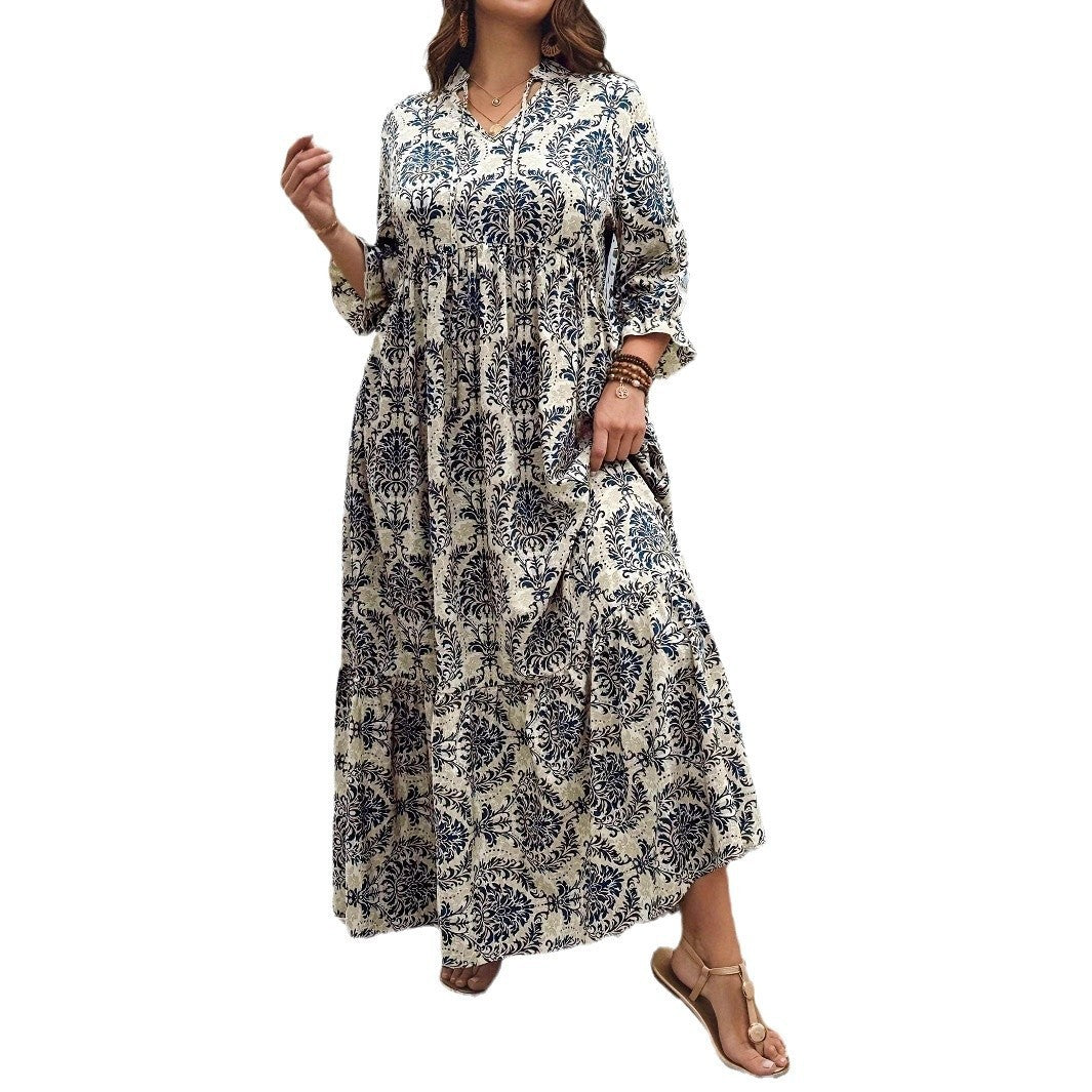 Printed V-neck Lace-up Swing Vacation Style Dress