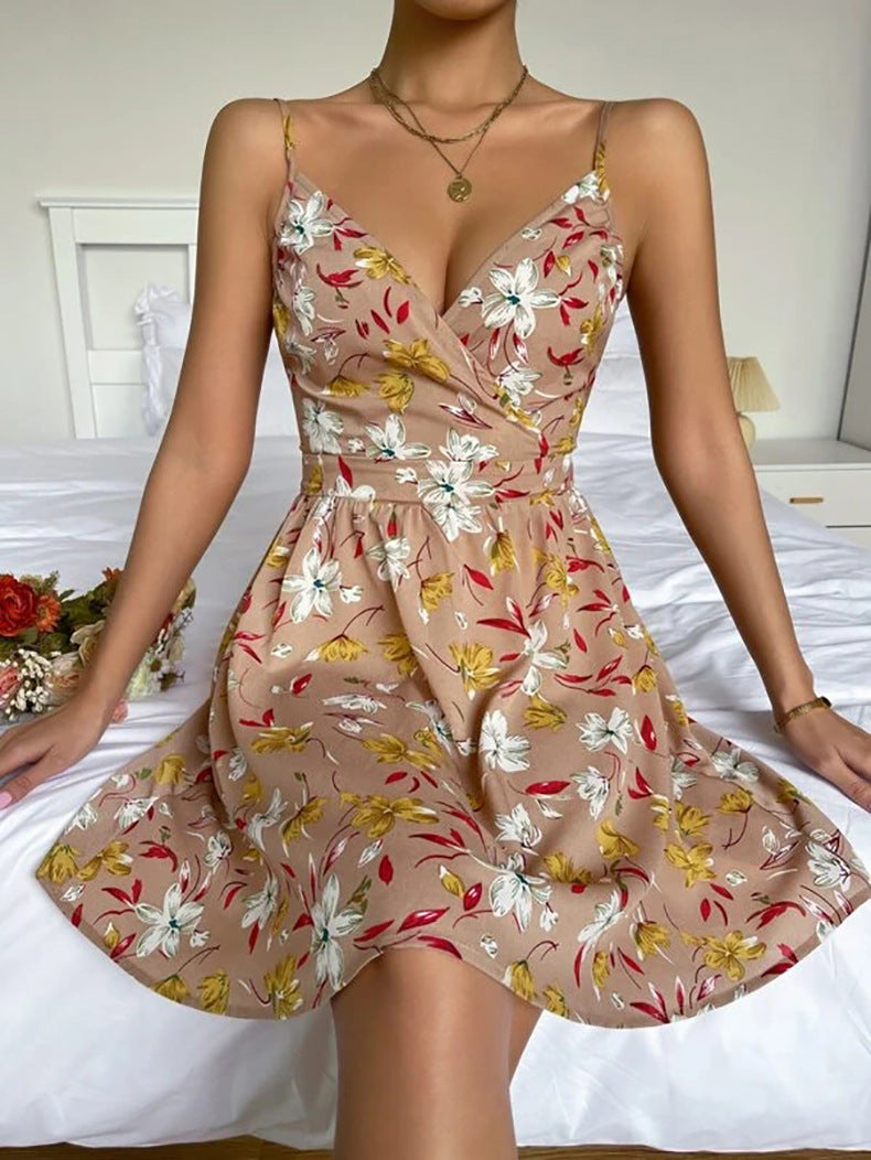 European And American Women's Elegant Suspender Skirt V-neck Pullover Sleeveless Print Dress