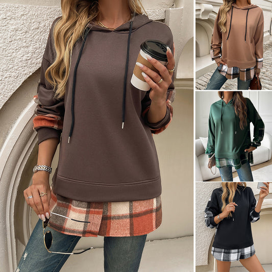 Women's Vintage Oversized Hoodie With Plaid Patchwork Stylish Y2k Clothing Streetwear Round Neck Hooded Long Sleeve Sweatshirts