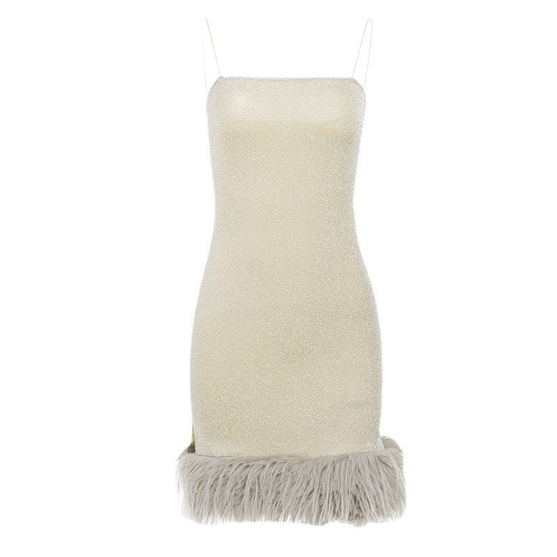 Elegant Slim-fit Shiny Fabric Furry Suspender Dress