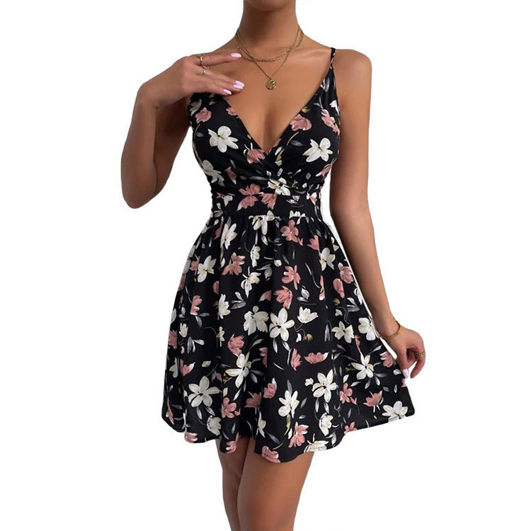 European And American Women's Elegant Suspender Skirt V-neck Pullover Sleeveless Print Dress