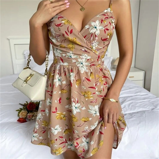 European And American Women's Elegant Suspender Skirt V-neck Pullover Sleeveless Print Dress