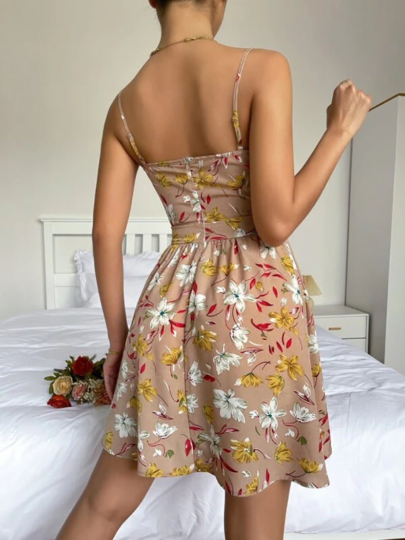 European And American Women's Elegant Suspender Skirt V-neck Pullover Sleeveless Print Dress