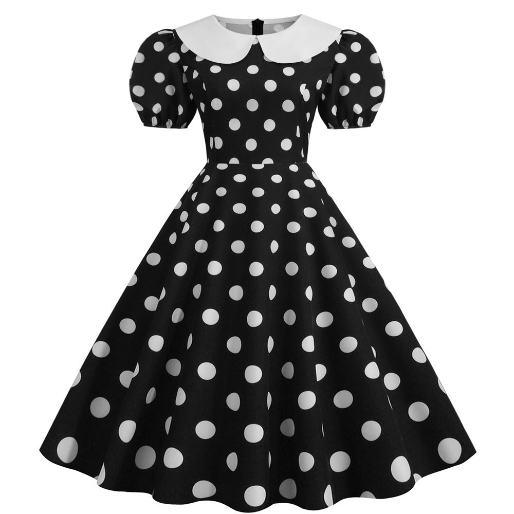 New Polka Dot Short Sleeve Doll Neck Fashionable Printed Party Dress