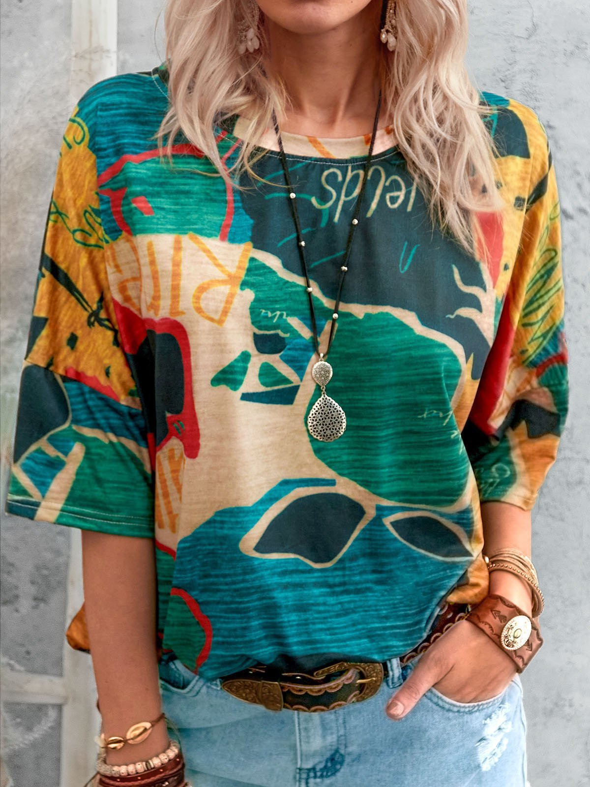 Fashion Ladies Round Neck Map Print T-shirt