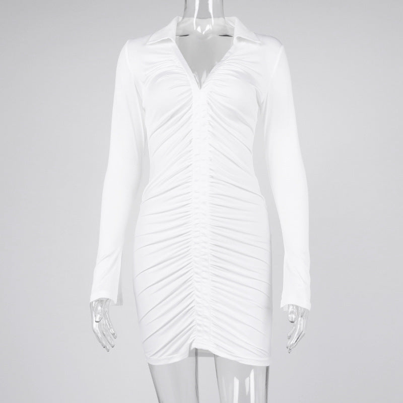 Deep V-neck Pleated Long-sleeved Hip Skirt