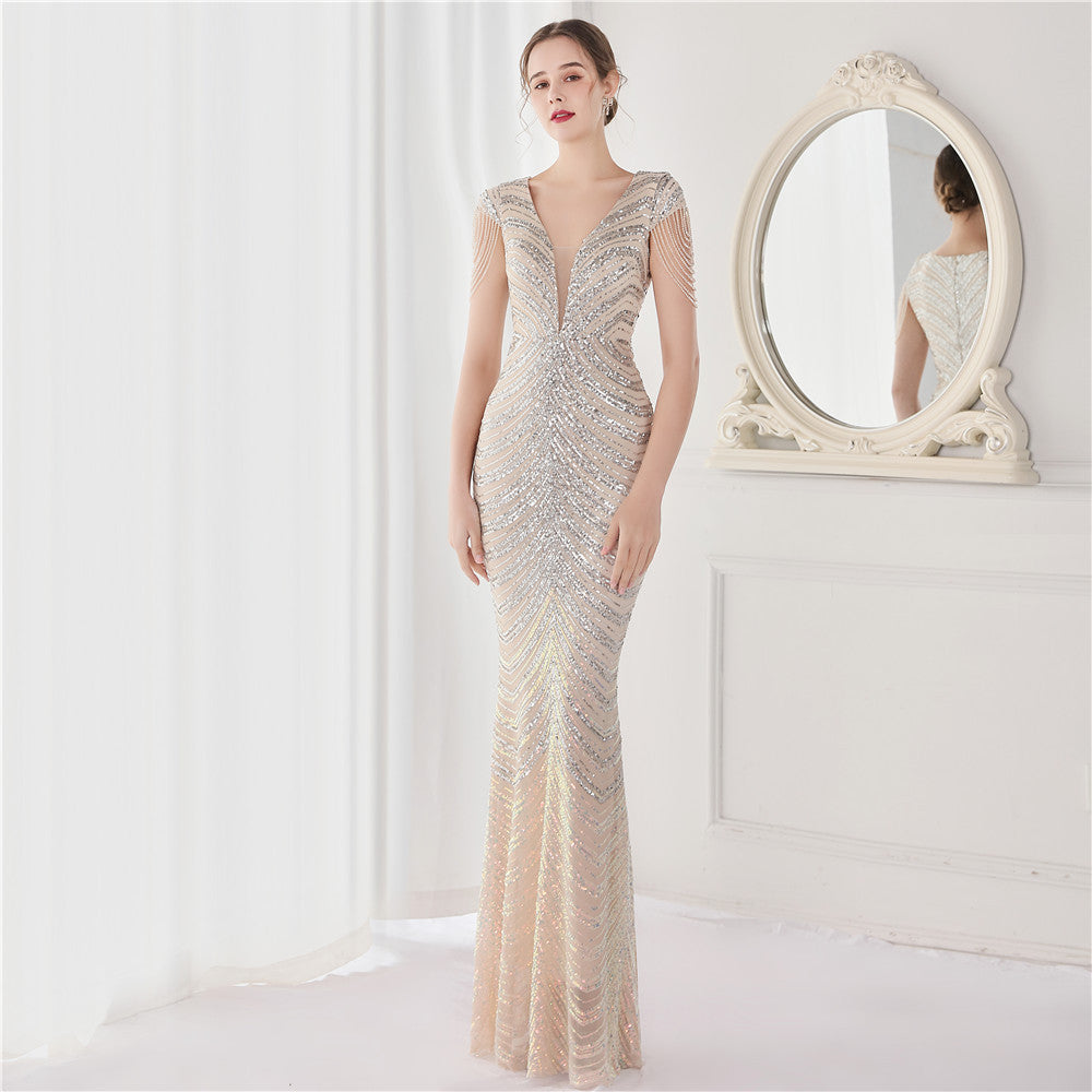 Flower Sequin Craft Party Evening Dress Long