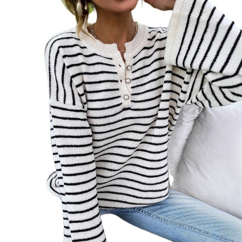 Women's Loose Casual Striped Contrast Color Loose Long Sleeve Top