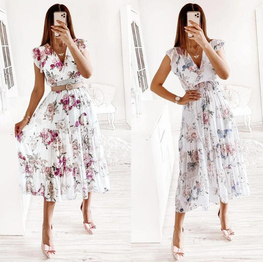 Women's Summer Ruffle Short Sleeve V-neck Print Dress