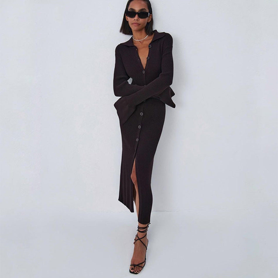 V-neck Long Button Flared Sleeve Sweater Dress