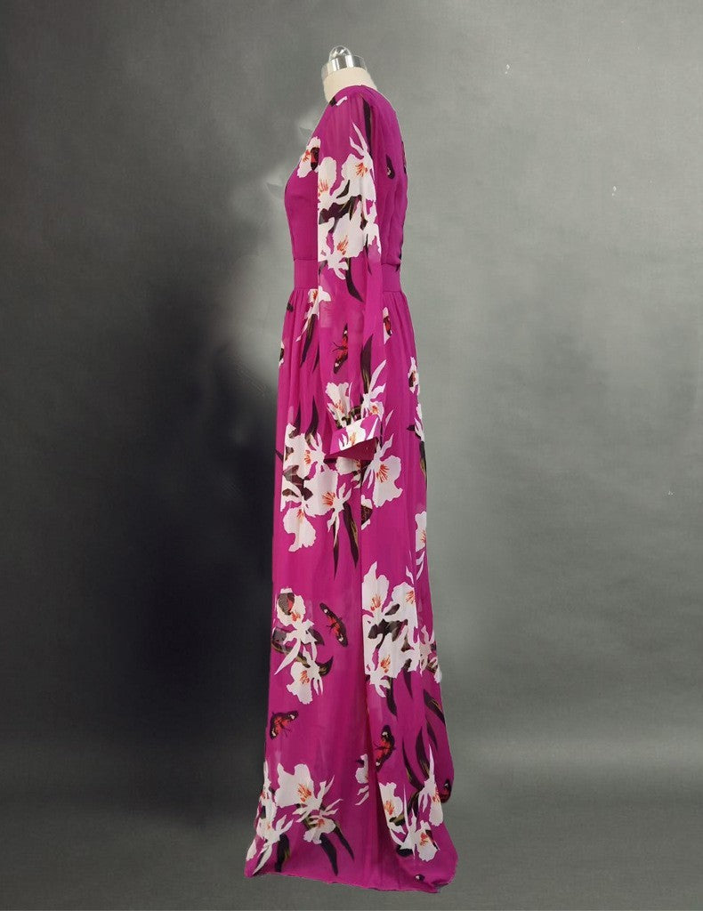 Women's Printed Wear V-neck Long Sleeve Big Hem Dress